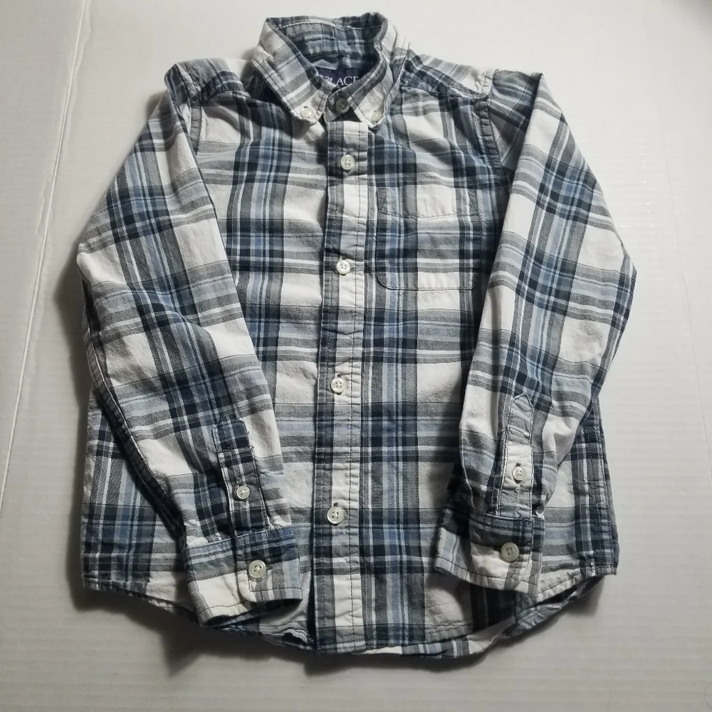 CHILDREN'S PLACE BUTTON DOWN BOYS SHIRT SIZE SMALL 5/6 BLUE/BLACK/WHITE
